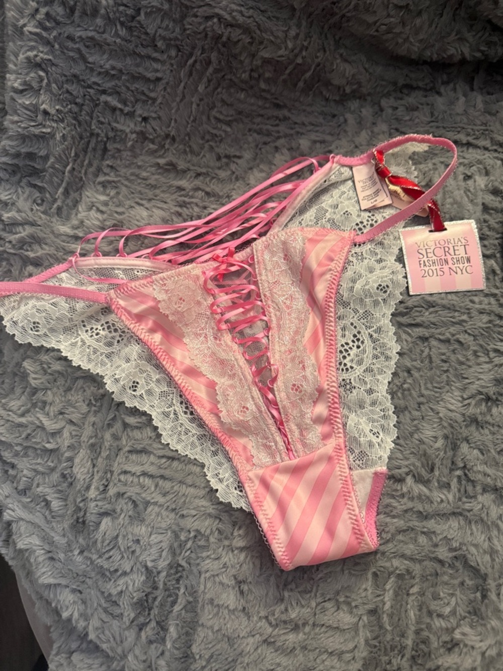 Victoria's Secret Pink Striped Lace-Up Lace-Trim Thong